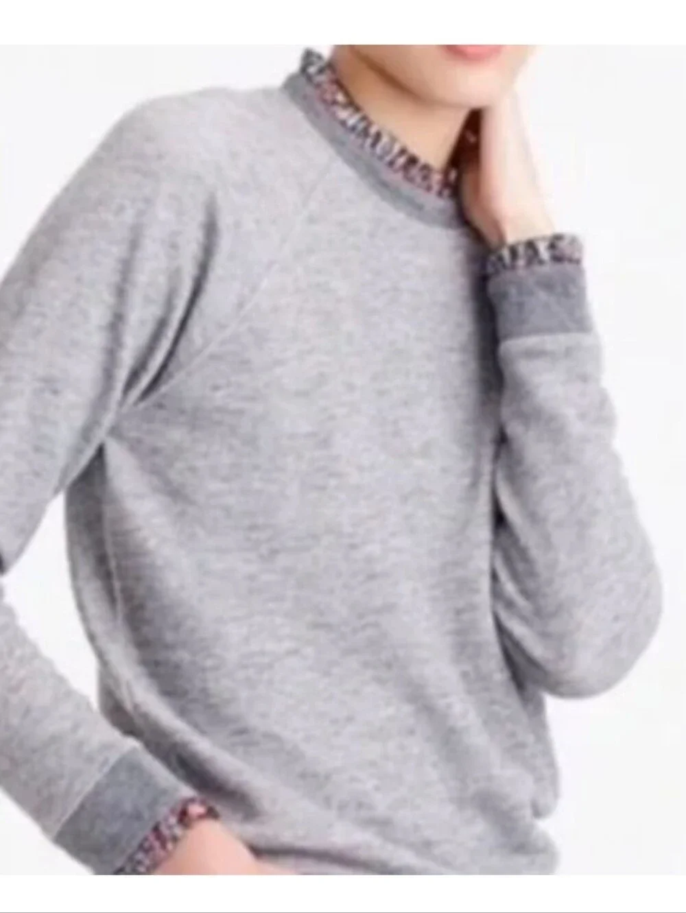 J. Crew Gray Floral Metallic Trim Ruffleneck Sweatshirt Size L
